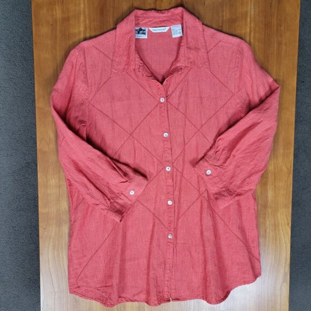 Richard Malcolm 3/4 Sleeve Coral Red 100% Irish Linen Diamond Pattern Blouse - L - Picture 3 of 6